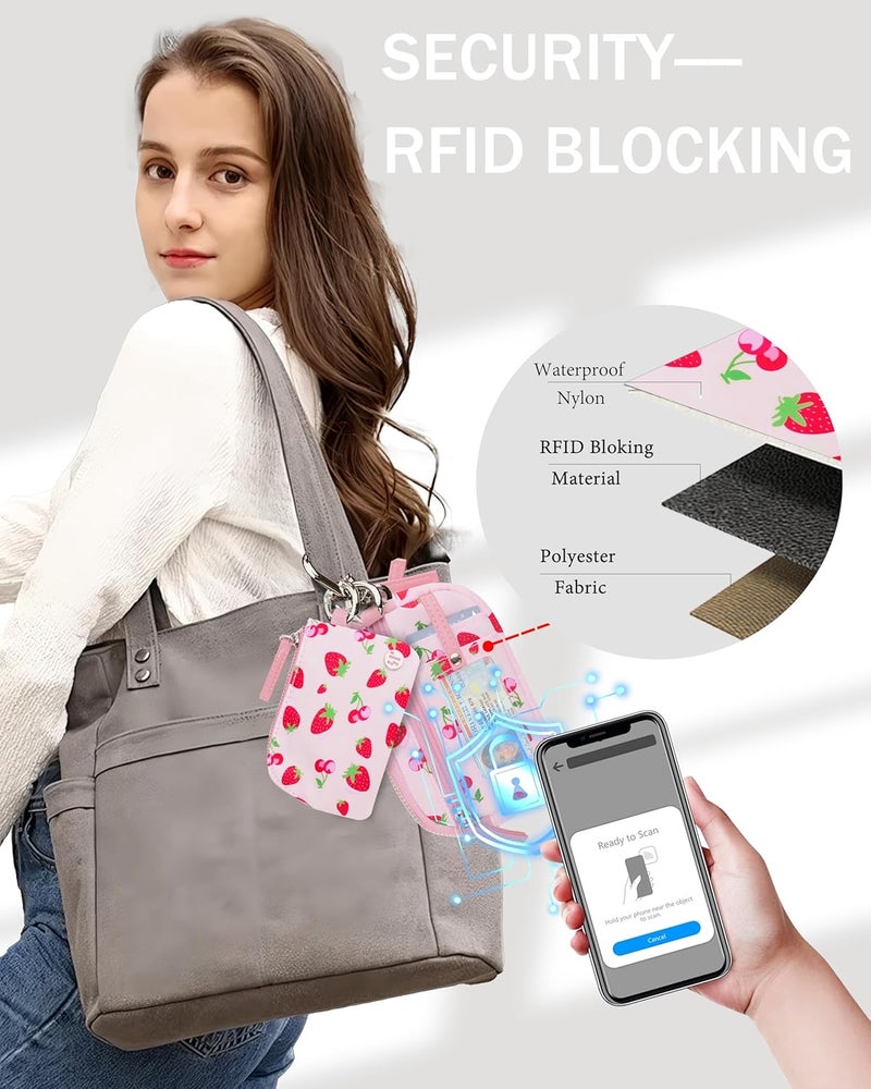 Sunpour Store Nylon Wristlet Strawberry Wallets, Dual Pouch Keychain Wristlet Wallet, RFID Small Wallet With Coin Pouch,ID Window For Travel - Image 5